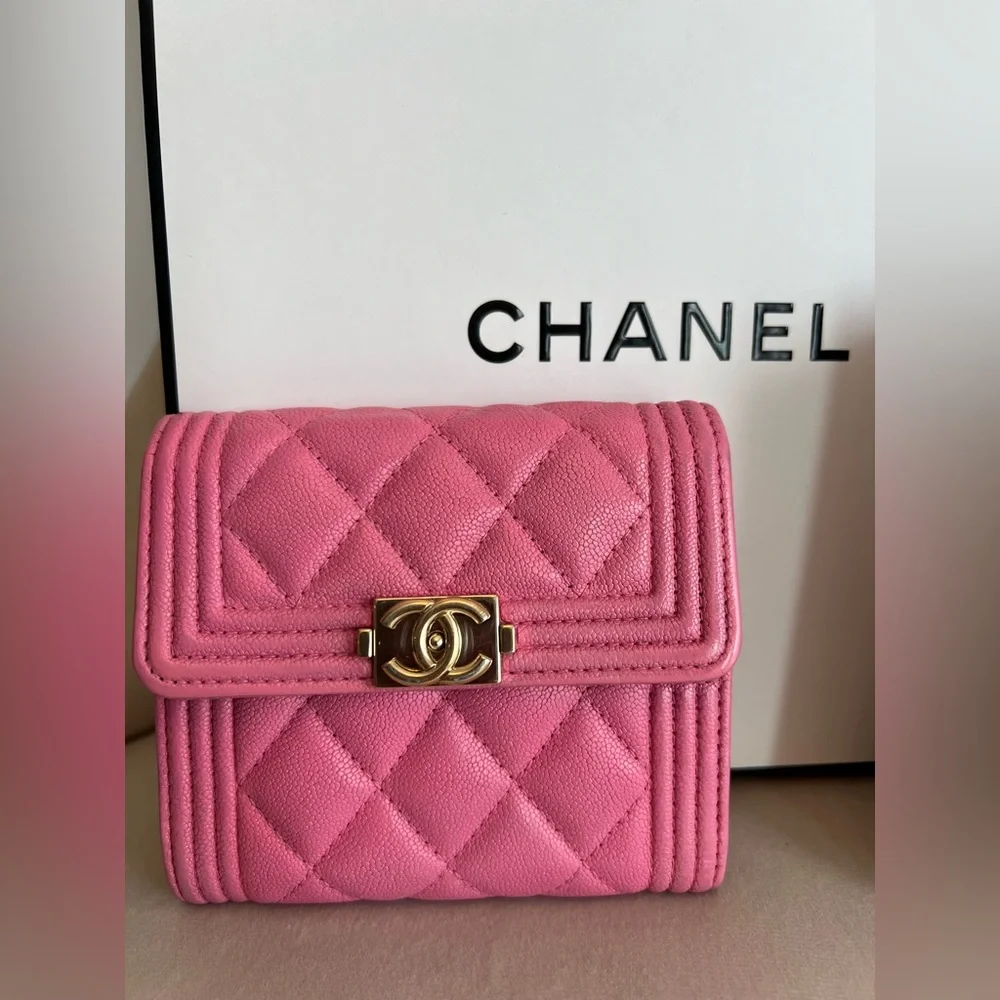 CHANEL Caviar Leather Boy Flap Wallet Quilted Pink Great Condition/ Great Deal